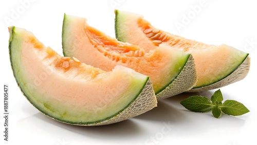 Close-up of ripe melon slices with moist surface and vibrant flesh, studio isolated on white.