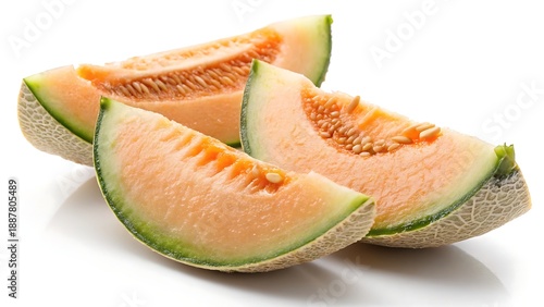 Close-up of ripe melon slices with moist surface and vibrant flesh, studio isolated on white.