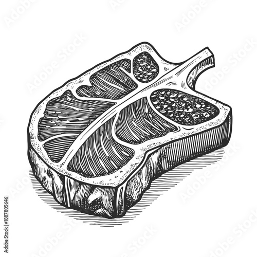 Vintage engraved T-bone steak illustration. Hand drawn  line art meat cut isolated on white background. Perfect for steakhouse menu, BBQ branding, butcher shop, packaging and food design.