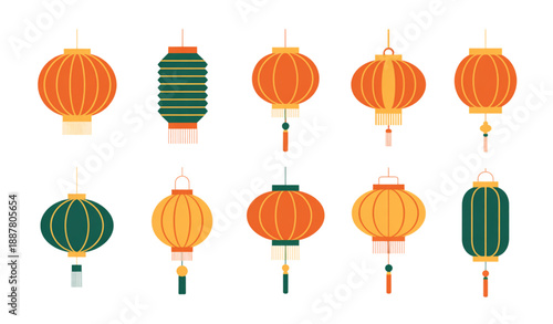 Chinese New Year Paper Lantern Decoration Set Flat Vector Collection