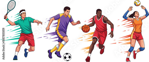 Dynamic Sports Players Illustration Set with Tennis Football Basketball and Volleyball Athletes in Action for Game Design