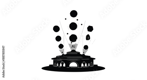 Modern abstract architectural silhouette with floating spheres and futuristic design elements in black and white