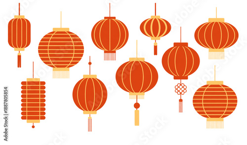 Red Chinese lantern decoration set isolated on white background traditional festival celebration vector illustration