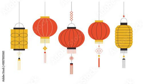 Chinese red paper lantern decoration elements set isolated on white background festive vector illustration