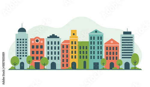 Modern Urban Cityscape with Green Trees and Buildings Flat Vector Illustration