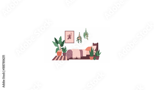 Cozy bedroom interior with striped carpet, blanket, poster, and plants flat vector