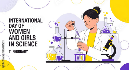 International day of women and girls in science illustration with a woman in a lab coat working with a pipette and microscope isolated on white background