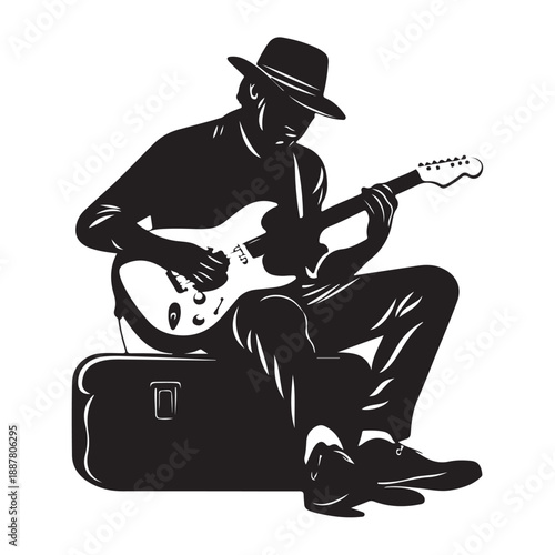 a black silhouette of a man playing an instrument black, guitar, instrument, man, play, silhouette, sit , Generative art. 