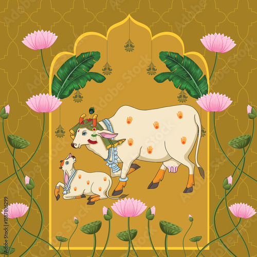 PICHWAI COW AND LOTUS KAMDHENU STYLE WALLPAPAER