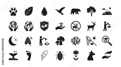 Nature and environment conservation icons including animals, plants, and natural elements, promoting sustainability and ecological awareness
