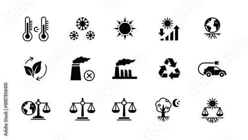 Environmental icon set climate change, global warming, industrial pollution, sustainable energy, recycling, and ecological balance. Visualizing key issues and green solutions