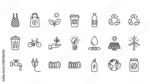 Set of environmental and eco-friendly icons, including recycling, renewable energy, and sustainable living symbols