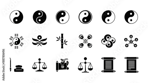 Collection of Yin Yang, Bamboo, Scales of Justice, Scroll, and other symbols of balance and tradition