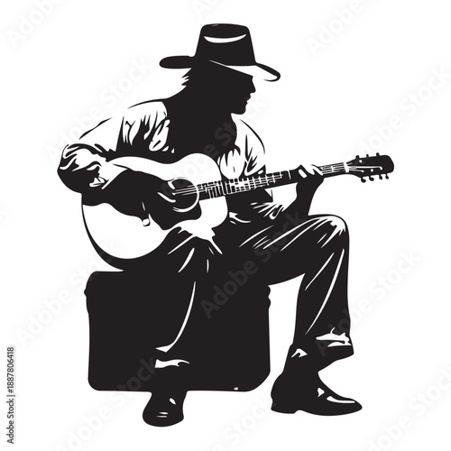 a black silhouette of a man playing an instrument black, guitar, instrument, man, play, silhouette, sit , Generative art. 