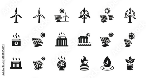 Vector icons embodying the concept of sustainable renewable energy, featuring wind turbines, solar panels, and geothermal power, for a cleaner, eco-friendly future