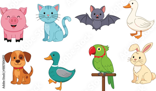 Cartoon animals vector set, pig, cat, bat, duck, dog, mallard, parrot, rabbit, cute kids illustration, domestic and wild species