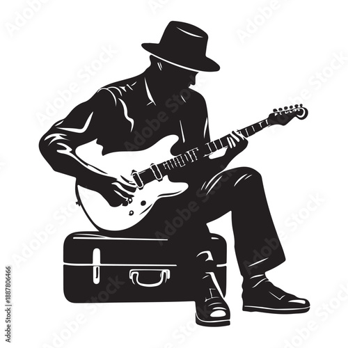 a black silhouette of a man playing an instrument black, guitar, instrument, man, play, silhouette, sit , Generative art. 