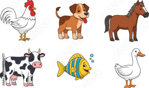 Cartoon animals vector set, rooster, dog, horse, cow, fish, duck, farm and pet animals for kids, cute illustration