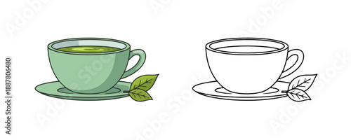 Green tea in ceramic cup and saucer with fresh tea leaves in flat cartoon and line art style using soft green and white colors for herbal beverage and healthy lifestyle concepts