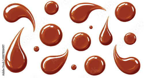Chocolate Sauce Drip and Drop Icon Set with Glossy Liquid Splashes for Dessert and Food Design