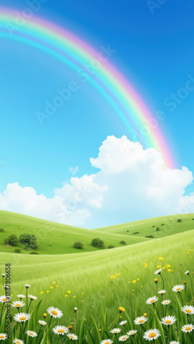 Vibrant rainbow arcs over lush green hills, dotted with wildflowers under clear blue sky. scene evokes sense of peace and natural beauty
