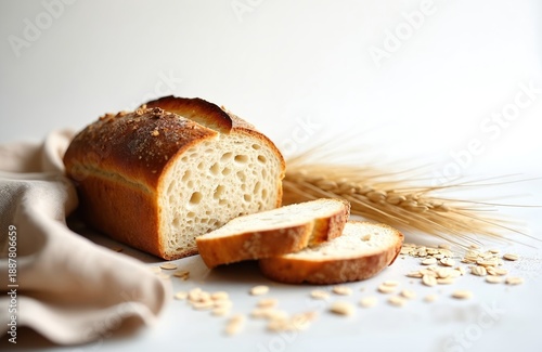 Artisan bread loaf sliced with wheat stalks and oats scattered on white surface. Freshly baked food item for healthy eating. Natural grain product for breakfast.