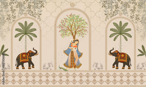 Canvastavla Mughal Pichwai elephant, Ethnic wallpaper