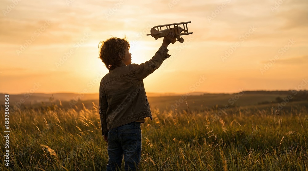 Fototapeta premium Child playing with toy airplane at sunset in open field. Joyful moment captures imagination and freedom. Ideal image for children's products or outdoor adventures.