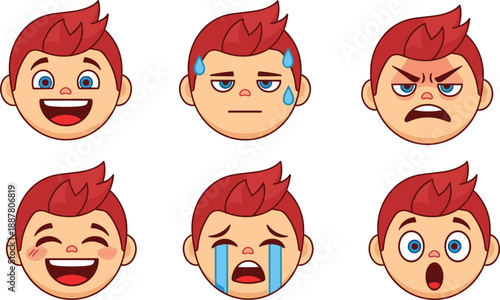 Cartoon facial expressions vector set, red-haired character showing happiness, sadness, anger, surprise, nervousness, joy, emotional illustration for kids
