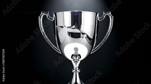 Shiny silver trophy cup on a black base, illuminated against a gradient background.