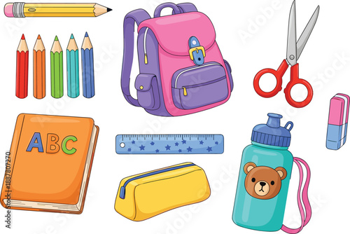 Cartoon school supplies vector set, backpack, pencils, book, scissors, ruler, eraser, pencil case, water bottle, kids education illustration