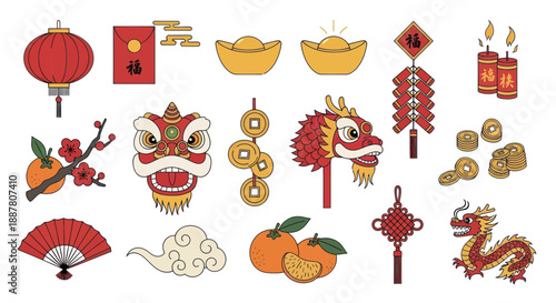 Chinese New Year Symbols Set: Dragon, Lantern, Firecrackers, Fortune Coins, Mandarin Oranges