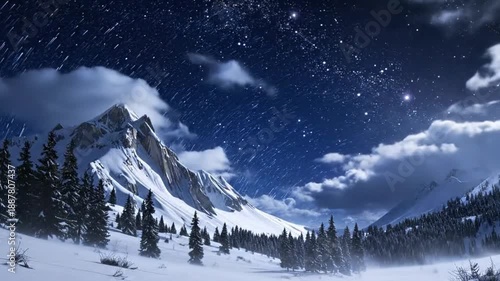 Majestic snow-covered mountains under a starry night sky, surrounded by evergreen trees.