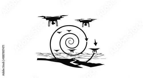 Drones flying in spiral formation, aerial technology concept, modern innovative robotic flight pattern