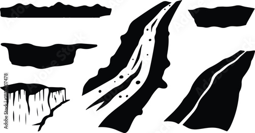 Black and white cliff silhouettes on clean background illustration