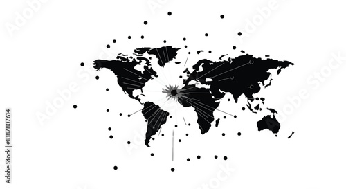 Black and white world map with dots on white background, global connections and travel concept, modern illustration for business, education, and geography