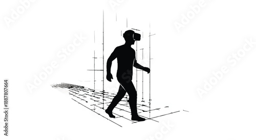 Man walking through virtual reality interface with futuristic technology and grid background, wearing VR headset and stepping into digital world