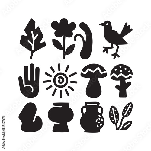  Boho Nature Folk Art Silhouettes Featuring Bird Sun Mushroom Leaves And Pottery Vessels.