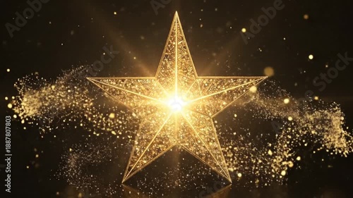 Golden star with sparkling particles on a dark reflective surface, festive decoration.