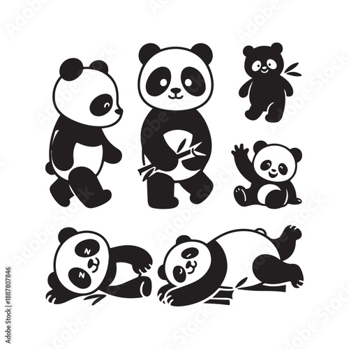  Cute Giant Panda Bear Vector Illustrations Featuring Various Playful Poses and Bamboo.