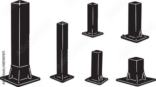 Set of black metal bollards in various sizes shown
