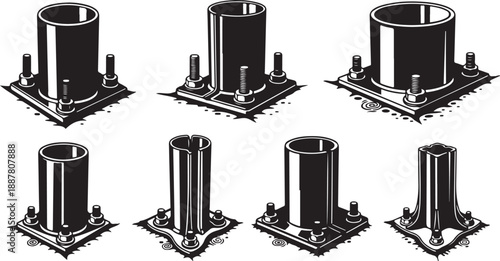 Industrial Metal Cylinders with Bases and Bolts Illustration Set