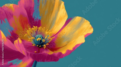 Colorful floral blossom with textured brushstrokes on a teal background