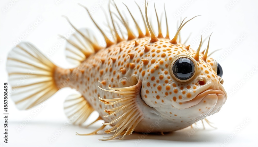 Naklejka premium Orange and white pufferfish with sharp spines and large dark eyes swims alone. This unusual sea creature has a round body and textured skin. It floats on a clean isolated white background.
