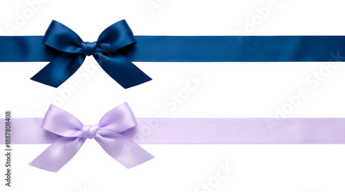 Two satin gift ribbons with bows in blue and lavender purple isolated PNG with Transparent Background