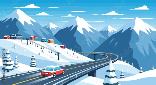 Scenic winter mountain highway with moving car and ski resort background