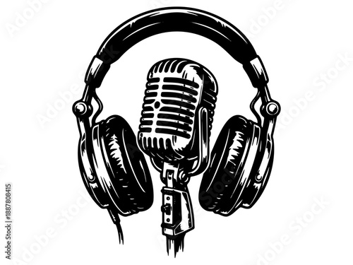 Retro microphone with headphones podcasting logo