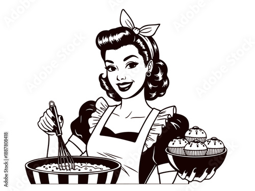 Retro pin up baker woman whisking batter with cupcakes