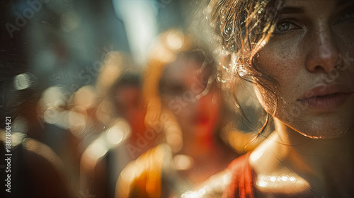Woman in blurred crowd with thoughtful expression, warm light and artistic background - Generated with AI