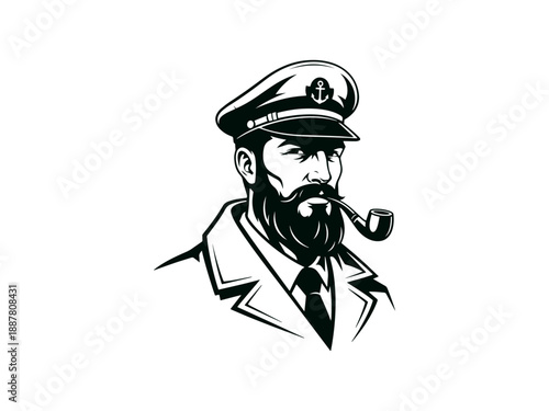 Sea captain with beard wearing uniform and smoking pipe
